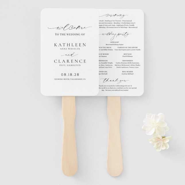 Classic Black and White Elegant Wedding Program Hand Fan (Front and Back)