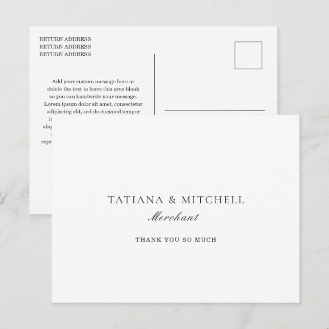 Classic Black and White Elegant Wedding Thank You Postcard (Front/Back)