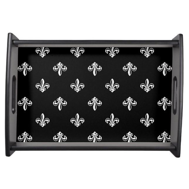 Classic Black and White Fleur-de-lis Pattern Serving Tray (Front)