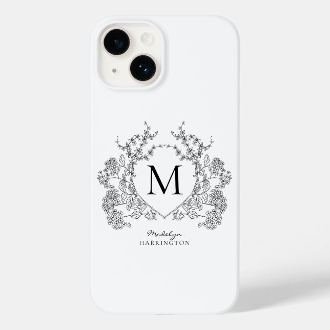Classic Black and White Floral Crest Monogram Case-Mate iPhone Case (Back)