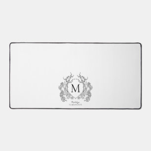 Classic Black and White Floral Crest Monogram Desk Mat