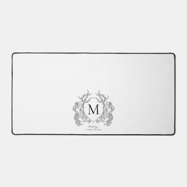 Classic Black and White Floral Crest Monogram Desk Mat (Front)