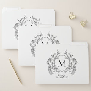 Classic Black and White Floral Crest Monogram File Folder