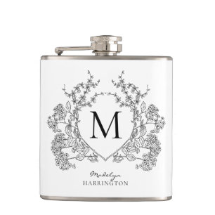 Classic Black and White Floral Crest Monogram Flask