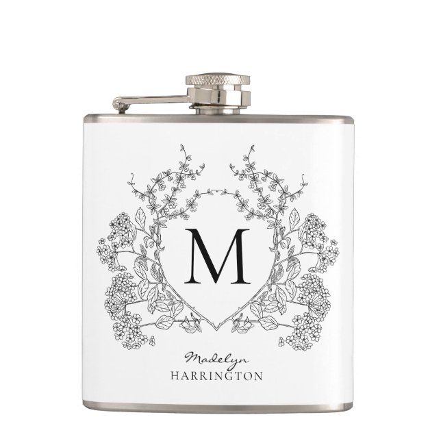 Classic Black and White Floral Crest Monogram Flask (Front)