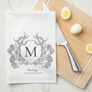 Classic Black and White Floral Crest Monogram Kitchen Towel