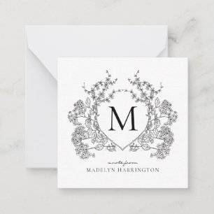 Classic Black and White Floral Crest Monogram Note Card