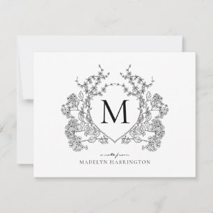 Classic Black and White Floral Crest Monogram Note Card