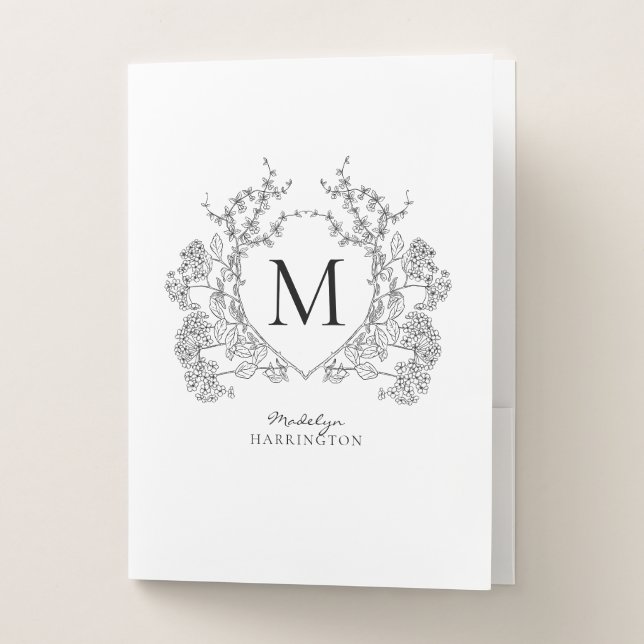 Classic Black and White Floral Crest Monogram Pocket Folder (Front)