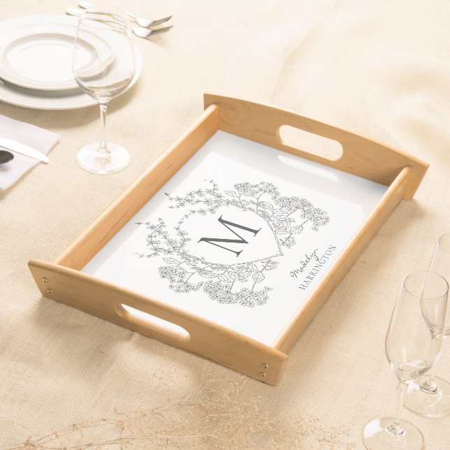 Classic Black and White Floral Crest Monogram Serving Tray (Front)