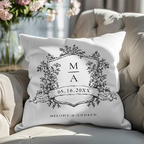 Classic Black and White Floral Crest Wedding Throw Pillow