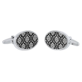 Classic Black And White Floral Damask Pattern Cufflinks by DamaskGallery at Zazzle