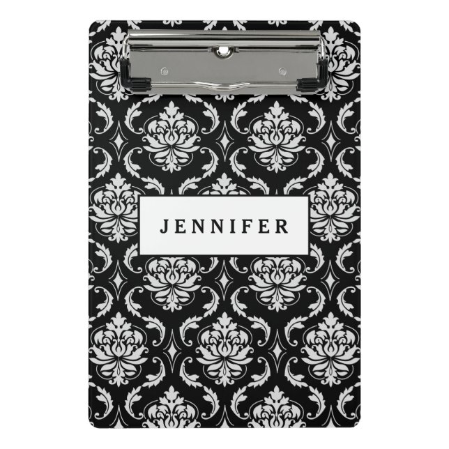 Classic Black and White Floral Damask Pattern Mini Clipboard (Front)