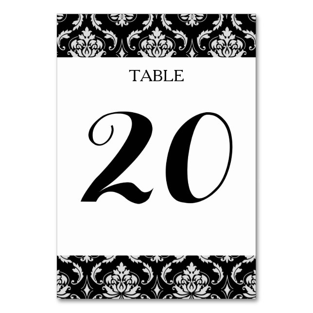 Classic Black and White Floral Damask Pattern Table Number (Front)