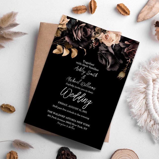 Classic Black and White Floral Dark Moody Wedding Invitation (Creator Uploaded)