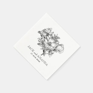 Classic Black and White Floral Drawing Wedding Napkins