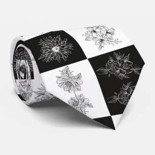 Classic Black and white Floral print checkered Neck Tie