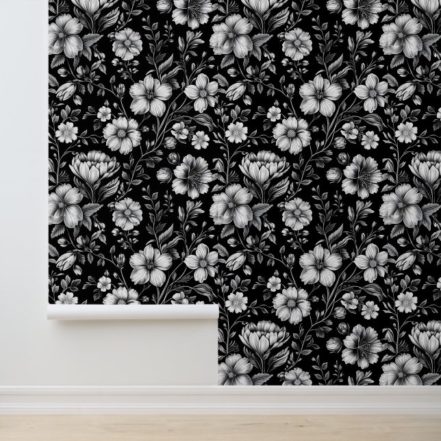 Classic Black and White Floral Wall Covering Wallpaper (Application)