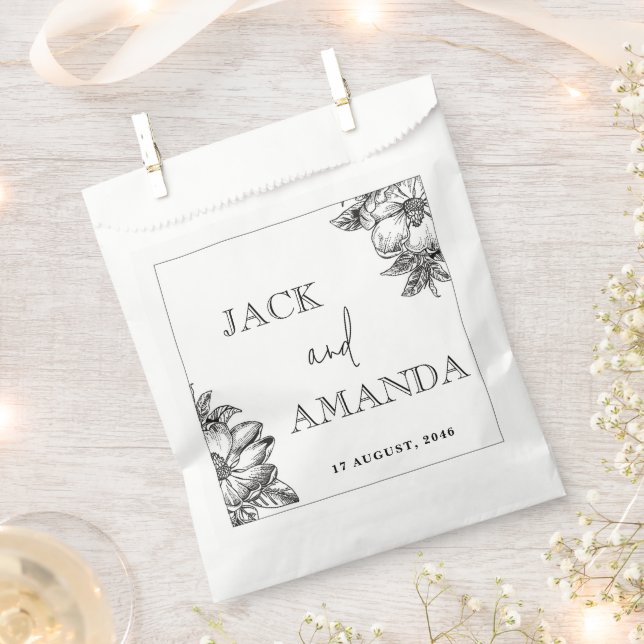 Classic Black and White Floral Wedding Favor bags (Clipped)