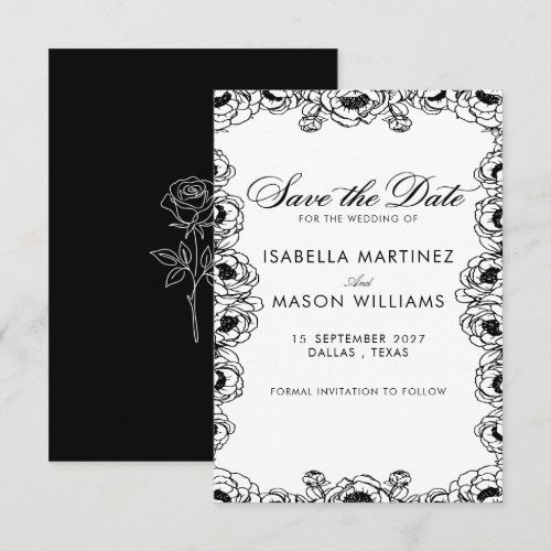 Classic black and white flowers save the date