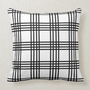 Classic Black and White Four Stripe Plaid Throw Pillow