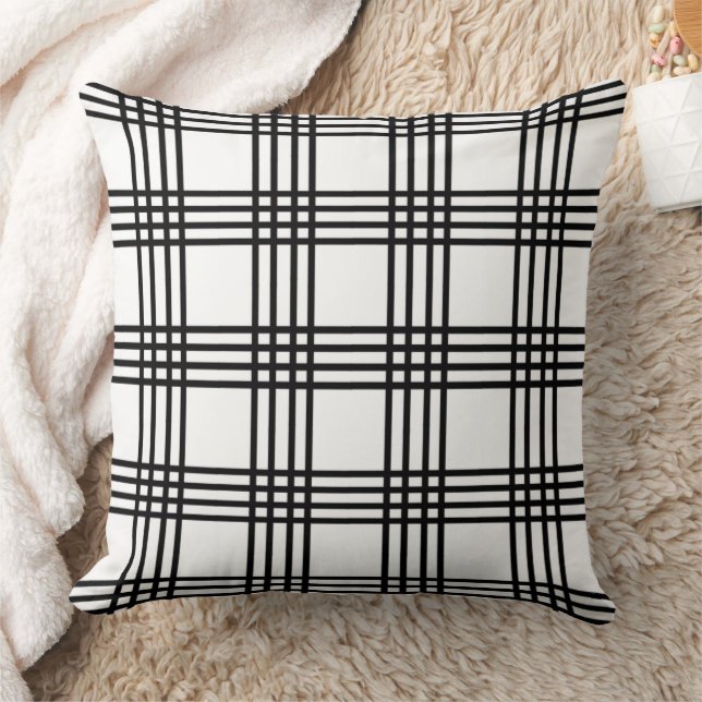 Classic Black and White Four Stripe Plaid Throw Pillow (Blanket)