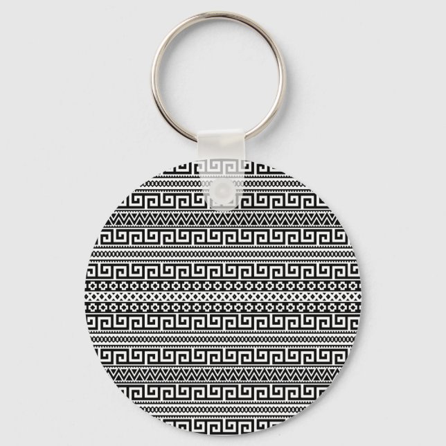 Classic Black And White Greek Key Geometric Keychain (Front)