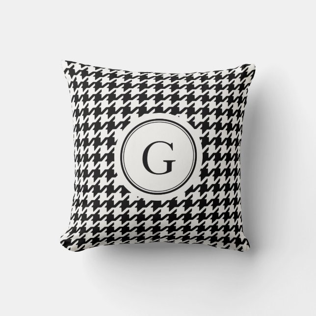 Classic black and white houndstooth monogram throw pillow (Front)