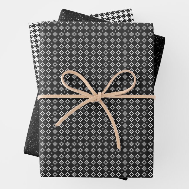 Classic Black and White Houndstooth Pattern  Wrapping Paper Sheets (In situ)