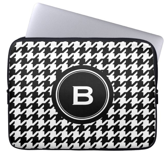 Classic black and white houndstooth with monogram laptop sleeve (Front)