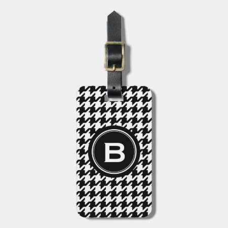 Classic Black And White Houndstooth With Monogram Luggage Tag