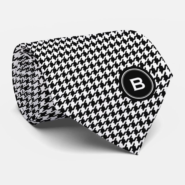 Classic black and white houndstooth with monogram neck tie (Rolled)