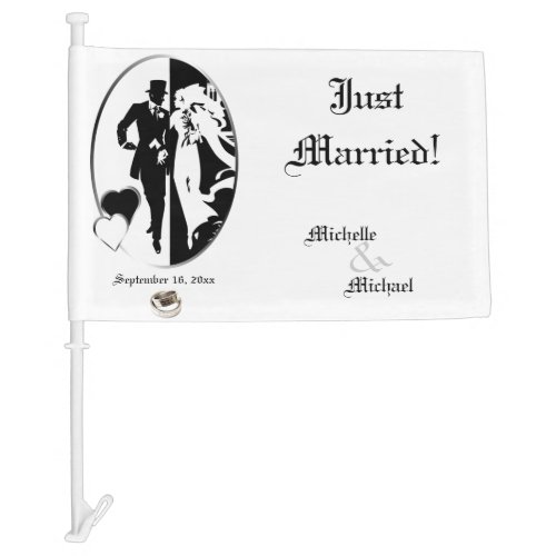 Classic Black and White Just Married Car Flag