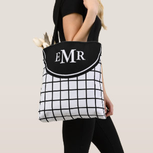 Classic Black and White Lattice Stripe Monogram Tote Bag