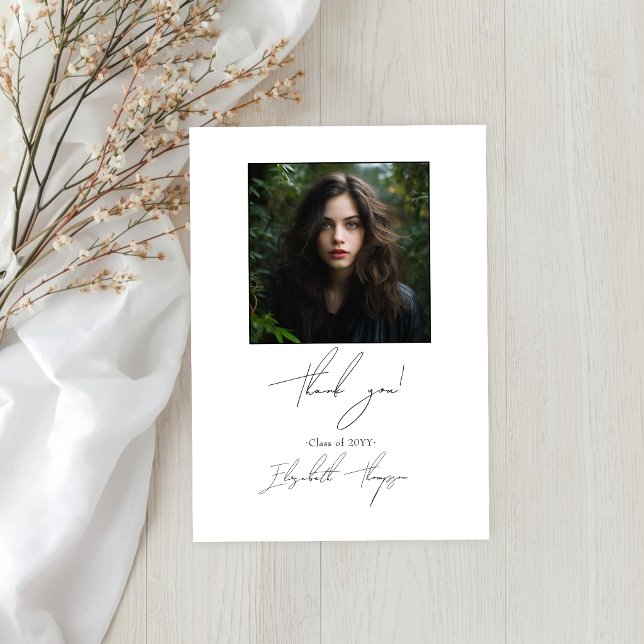 Classic Black and White Modern Graduation Photo Thank You Card (Classic Black and White Modern Graduation Photo Announcement)
