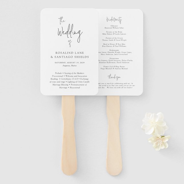 Classic Black and White Modern Wedding Program Hand Fan (Front and Back)