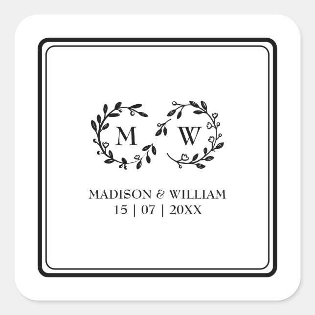 Classic Black and White Modern Wedding Square Sticker (Front)