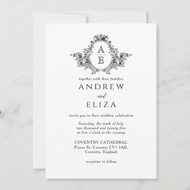Classic Black and White Monogram Crest Wedding Invitation (Front)