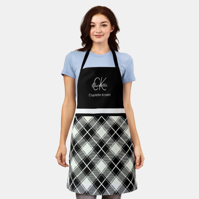 Classic Black and White Monogram Plaid Name Apron (Worn)