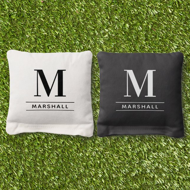 Classic Black and White Monogram Wedding Cornhole Bags (Grass)