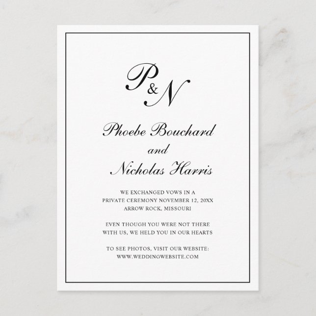 Classic Black and White Monogram Wedding Elopement Announcement Postcard (Front)