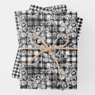 Classic Black and White Ornaments Houndstooth Wrapping Paper Sheets