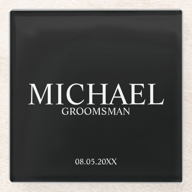 Classic Black and White Personalized Groomsmen Glass Coaster (Front)