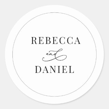 Classic Black And White Personalized Names Wedding Classic Round Sticker by PeachBloome at Zazzle