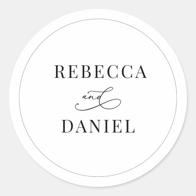 Classic Black and White Personalized Names Wedding Round Sticker (Front)