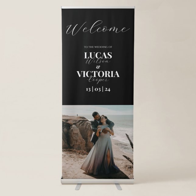 Classic Black and White Photo Wedding Welcome Retractable Banner (Front)