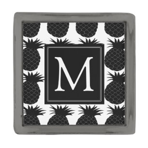 Classic Black and White Pineapple Pattern Monogram Gunmetal Finish Lapel Pin