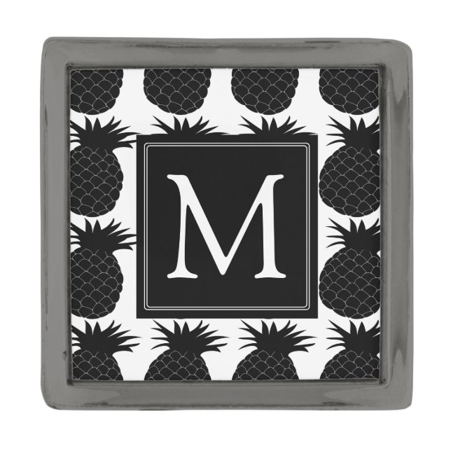 Classic Black and White Pineapple Pattern Monogram Gunmetal Finish Lapel Pin (Front)