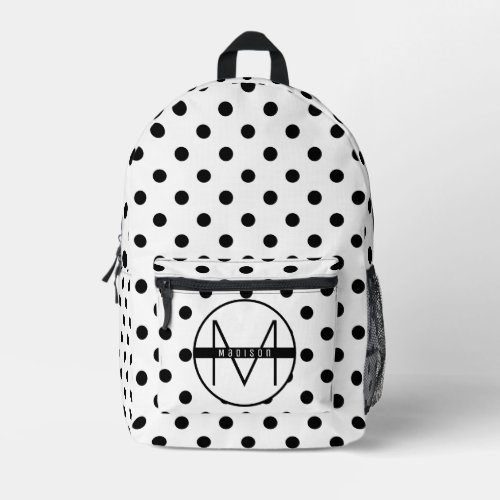 Classic Black and White Polka Dots Monogram Kids Printed Backpack