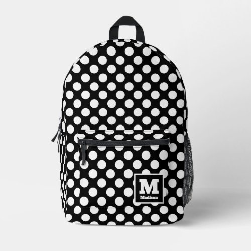 Classic Black and White Polka Dots Monogram Name Printed Backpack